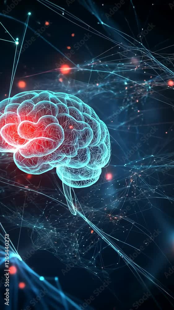 Poster visualization of the human brain showcasing neural activity in a digital environment with glowing co