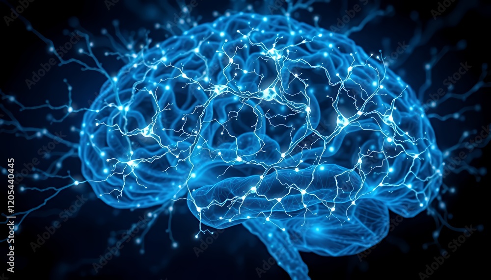 Poster glowing human brain neural network complex connections abstract 3d render
