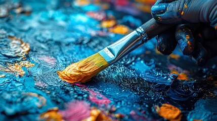 Fototapeta premium Impasto Painting Technique: Close-up of Artist's Hand Applying Gold Paint to Textured Canvas