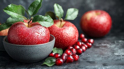 Fresh red apples and cherries in a rustic bowl