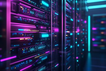 Illuminated server racks in a modern data center.