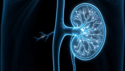 Glowing Human Kidney Anatomy 3D Medical Illustration