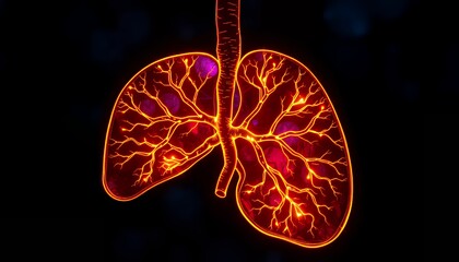 Glowing Human Lungs Detailed 3D Medical Illustration.  Intricate network of bronchi and alveoli, illuminated in vibrant red and orange hues against a dark background.  This high-resolution image is id