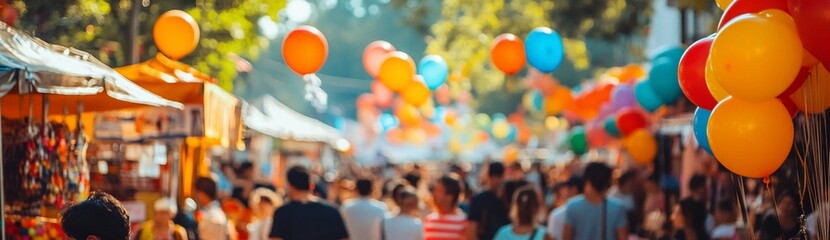 Obraz premium Blurred image of a bustling street fair with colorful balloons and many people.