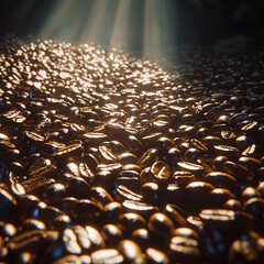 Fototapeta premium Coffee beans glistening under sunlight in a warm, inviting atmosphere in a warehouse setting