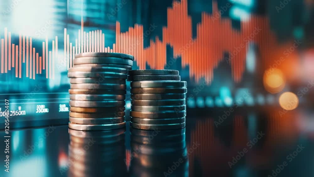 Poster stacks of coins are growing on a financial market chart background showing increasing profits from s