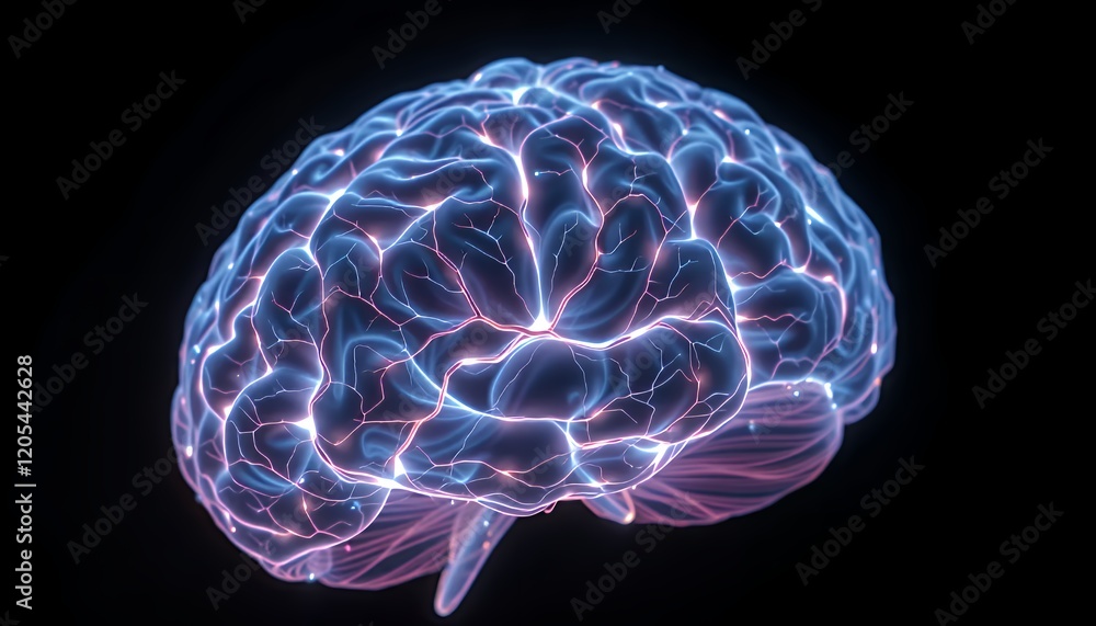 Poster glowing neural network brain connections: abstract 3d rendering of complex brain structure and cogni