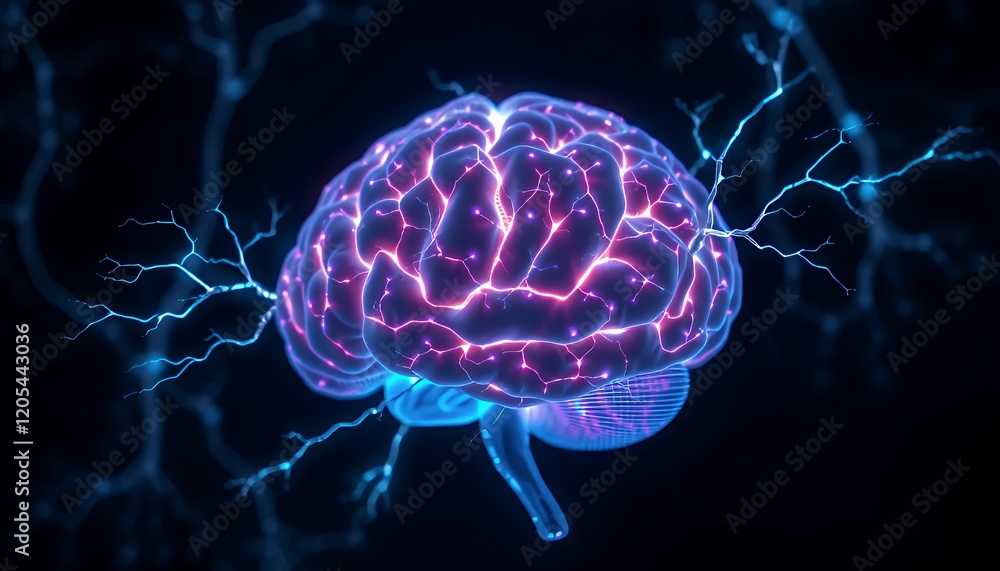 Poster illuminated human brain neural network 3d rendering abstract medical science technology background