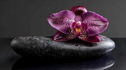Dark Purple Orchid Rests on Smooth Black Stone