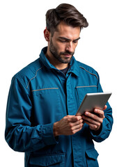 A male mechanic in a blue uniform is holding a tablet, isolated over transparent background, PNG cut-out
