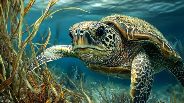 Majestic sea turtle gliding through vibrant underwater sea grasses in a tropical ocean environment