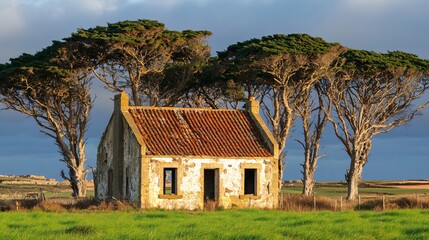 Obraz premium Ruined Stone Cottage Under Dramatic Sky, Old House, Trees, Field