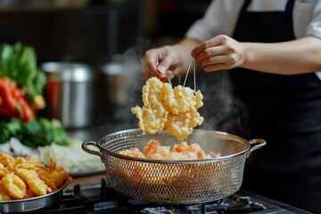 Chef's hands lifting deep-fried shrimp tempura from a hot oil fryer.