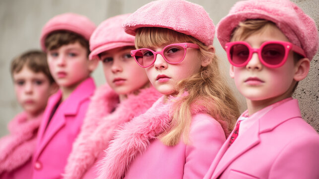Group of children pink retro fashion style.