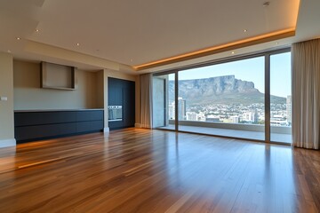 Obraz premium Modern apartment with panoramic city and mountain view.