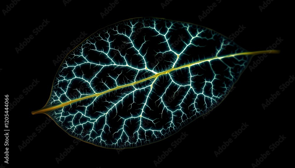 Poster intricate leaf vein structure illuminated in teal and gold hues against black background a detailed 