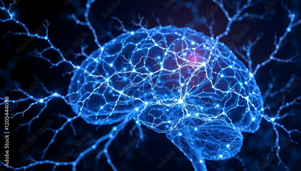 Poster intricate glowing neural network: human brain anatomy and connections visualization