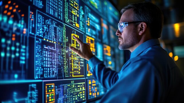 operator controller engineer is working with Scada system on computer screen at power plant factory.