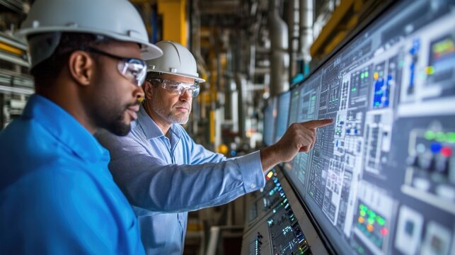 operator controller engineer is working with Scada system on computer screen at power plant factory.