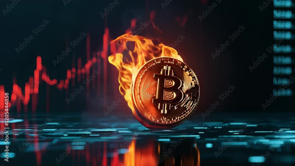 Poster bitcoin cryptocurrency coin burning in flames with red stock market chart showing decrease in price,