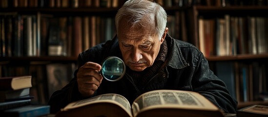 Elderly man examines antique book with magnifying glass in library.