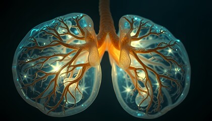 Luminous Lungs: A 3D rendering of the human respiratory system, showcasing the intricate network of bronchi and alveoli, illuminated with a vibrant, ethereal glow, highlighting the life-giving process