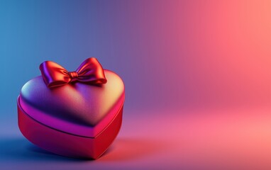 A luxurious heart-shaped candy box wrapped in red satin, placed on a glowing pastel lavender background for valentines day and womens day