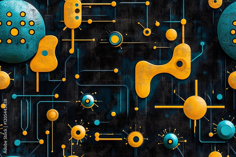 Poster abstract circuit board design with yellow and teal elements