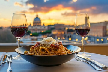 Romantic dinner with pasta and red wine, overlooking Rome at sunset.
