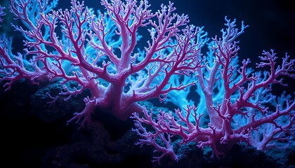 Fototapeta premium Vibrant Pink and Blue Bioluminescent Coral Reef in Deep Ocean. Close up view of intricate coral branches glowing in the dark underwater. Stunning digital illustration of vibrant aquatic life, showing