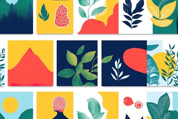 Abstract Collage Featuring Botanical Motifs and Shapes