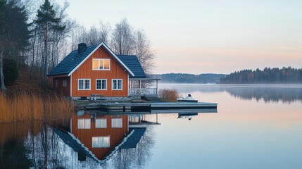Fototapeta premium Serene Lakeside Cabin with Calm Waters and Reflection at Dawn