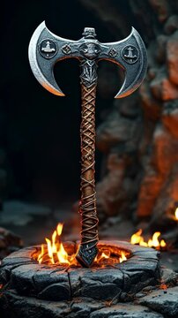 A fantasy double sided battle axe stands over flames in a dark, rocky environment.