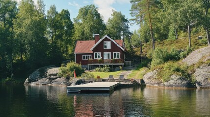 Obraz premium Cozy Red Cottage by the Lake Surrounded by Lush Green Trees