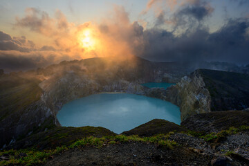 Kelimutu Crater in Flores, Indonesia in the Morning at Sunrise called Tiwu Ko'o Fai Nuwa Muri, Lake of Young Men and Maiden