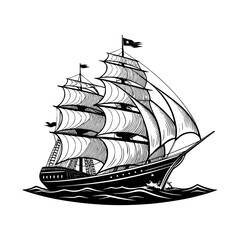 Sailing Ship. Vintage Sailing Ship Silhouette on Ocean Waves