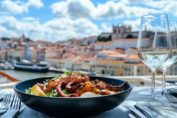 Grilled octopus salad with wine on a terrace overlooking a city.
