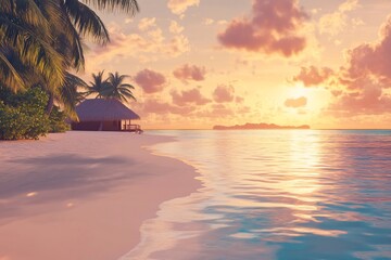 Tropical beach sunset with hut.