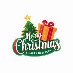 sticker christmas tree with gift  christmas art vector illustration
