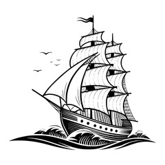 Sailing Ship. Vintage Sailing Ship Silhouette on Ocean Waves