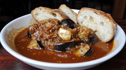 Delicious Eggplant Stew with Crusty Bread- Aromatic Spicy Vegan Curry