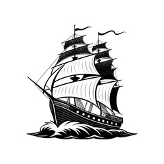 Sailing Ship. Vintage Sailing Ship Silhouette on Ocean Waves