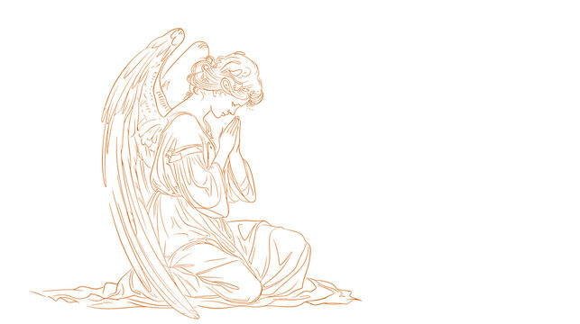Praying angel illustration on a white background with copy space, minimalistic and serene design for spiritual or memorial themes.