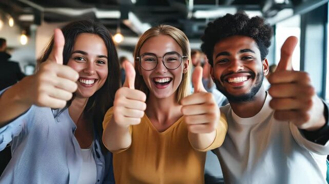 Portrait of young diverse employees workers show thumb up recommend good quality company service. Smiling multiethnic colleagues celebrate shared business success or victory in office	
