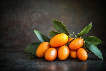 Ripe kumquats with green leaves on dark background.