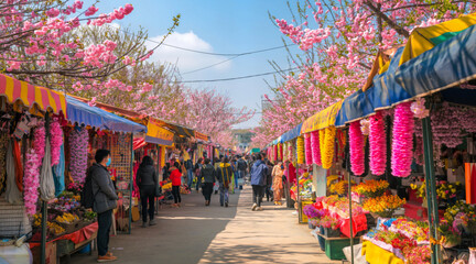 Fototapeta premium Vibrant Spring Blossom Festival Market with Colorful Flower Stalls and Cherry Blossoms