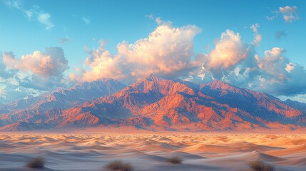 Fototapeta premium Majestic Desert Mountain Range at Sunset Panorama, Vibrant Colors and Fluffy Clouds over Arid Landscape