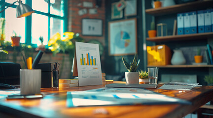 Modern Office Workspace with Financial Graphs and Documents for Analysis
