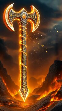 A glowing, ornate double sided axe surrounded by a fiery landscape, suggesting power and fantasy themes.