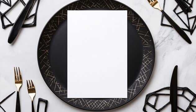 Elegant Menu Mockup Displayed on a Chic Black Plate with Geometric Design Elements